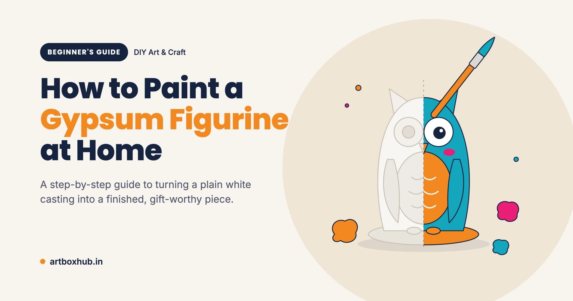A gypsum owl figurine, half plain white and half painted in teal and orange, with a paintbrush