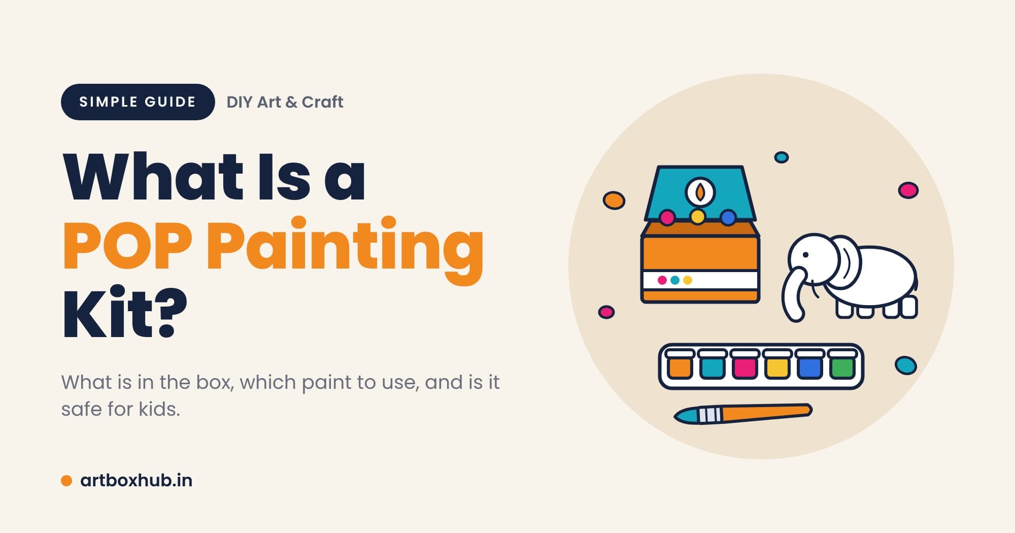 A POP painting kit box with a white elephant figurine, six paint pots and a paintbrush